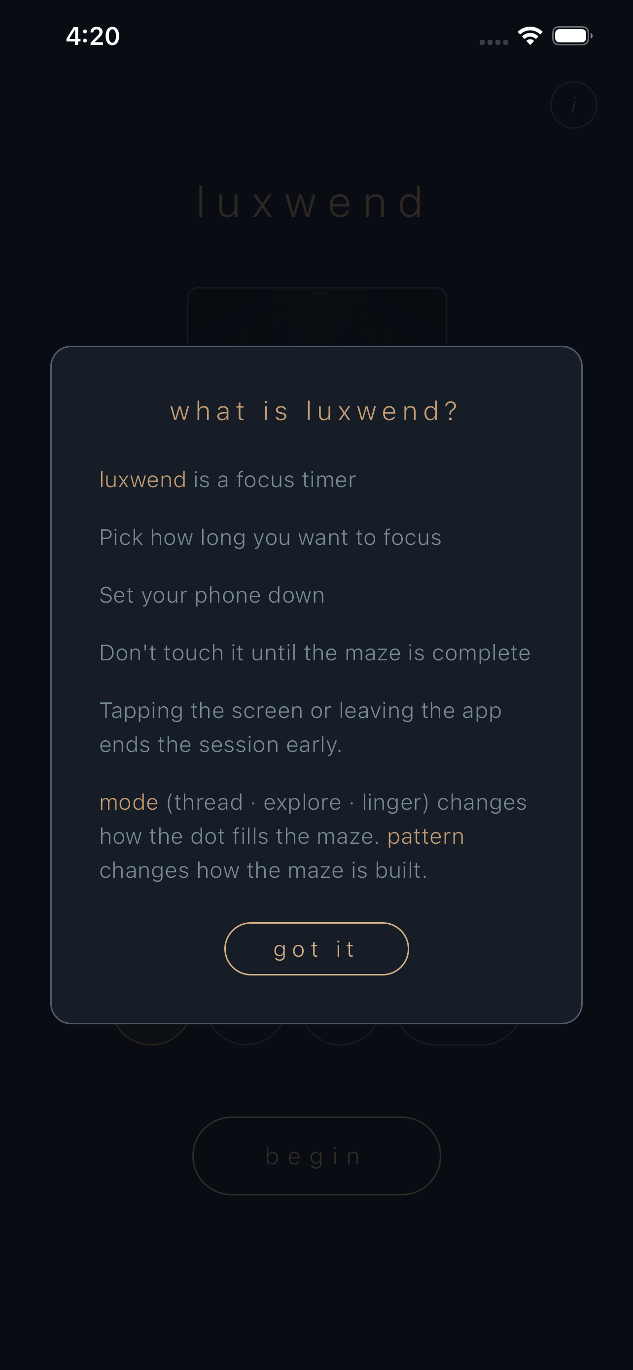 Luxwend intro card explaining that it is a focus timer: pick a length, set your phone down.