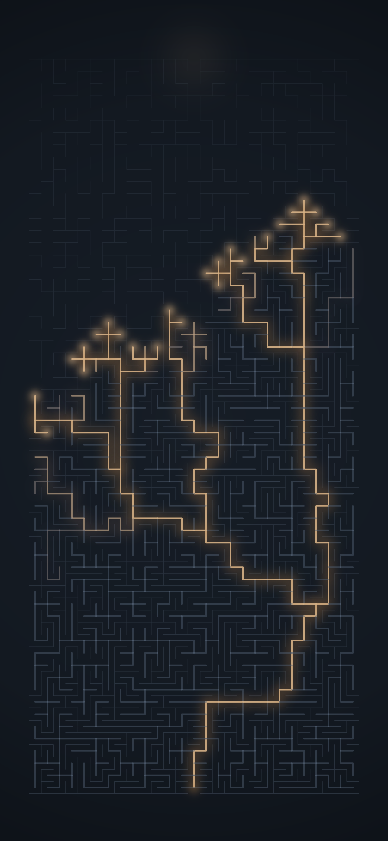 A maze on a dark screen with a single warm thread of light tracing a path through it.