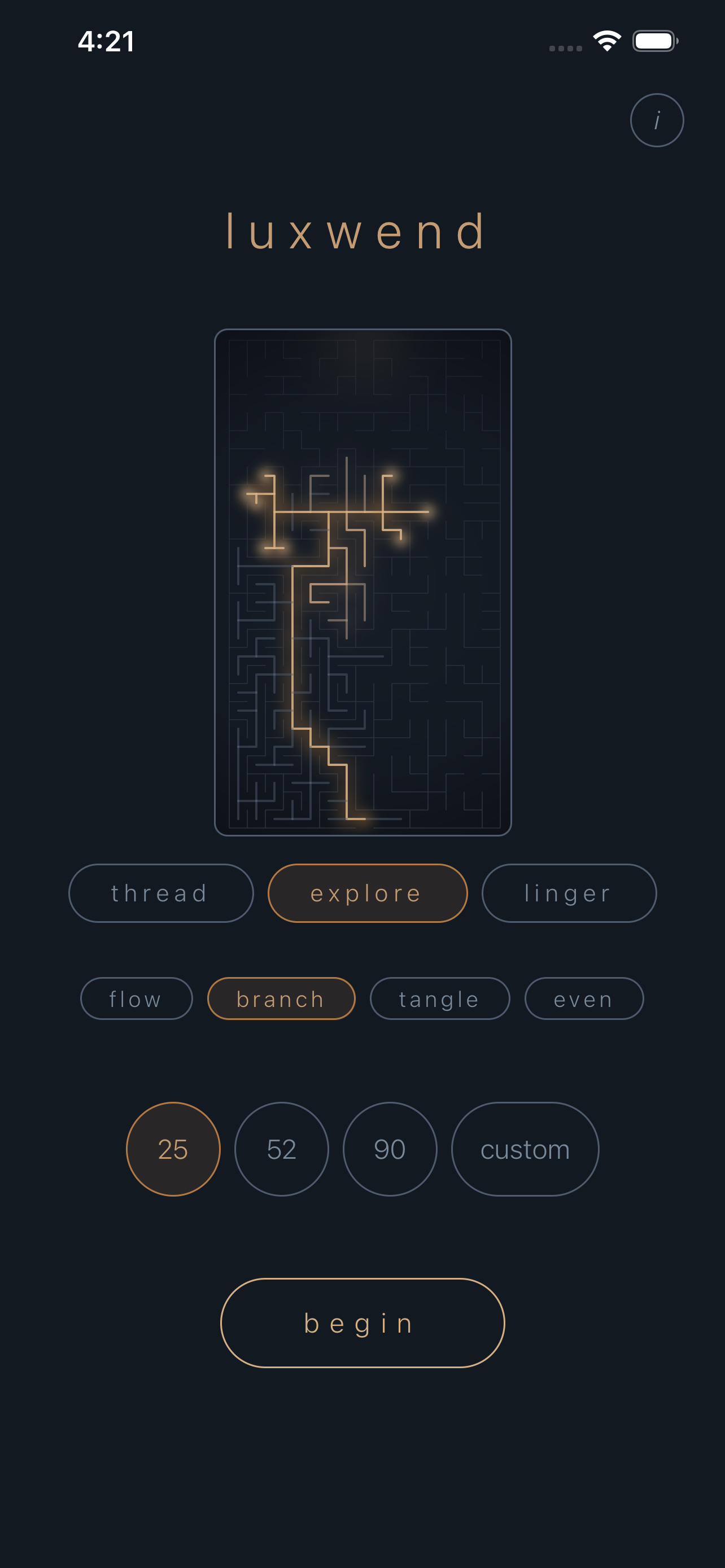 Luxwend setup screen: mode and pattern options with focus-length choices and a Begin button.